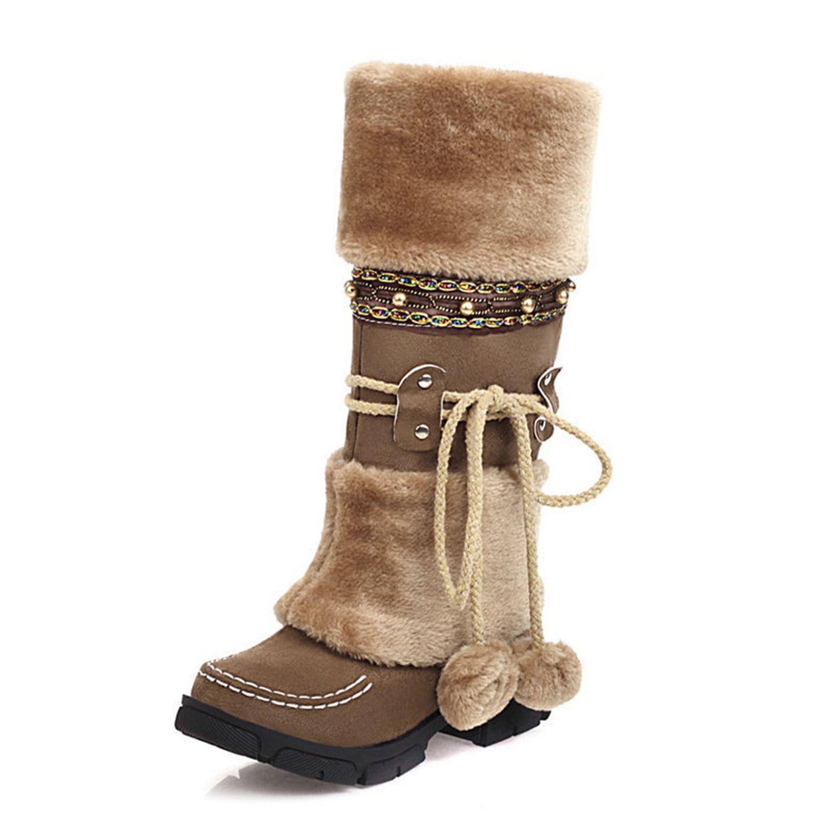RiceelSor Womens Winter Lace Up Pompoms Mid-Calf Snow Boots Fashion Cozy Anti-Slip Furry Cuff Outdoor Cold Weather Warm