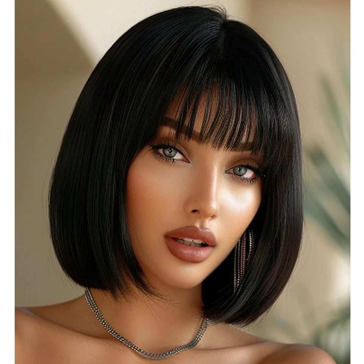 Amazon.com : Luxclipse Short Black Bob Wigs Human Hair with Bangs ...