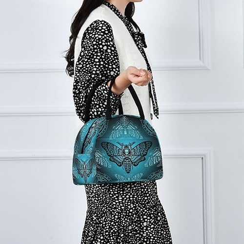 Miniatura 10 de MNSRUU Bolsa de almuerzo para mujeres y hombres, bolsa de almuerzo térmica reutilizable con diseño de polilla de calavera negra, bolsa enfriadora