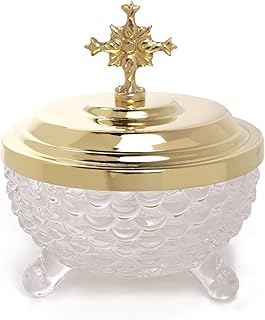 Needzo Ablution Glass Cup with Three Legs, Solid Brass Lid with Cross, Catholic Church Supplies, 4.3 x 4 Inches
