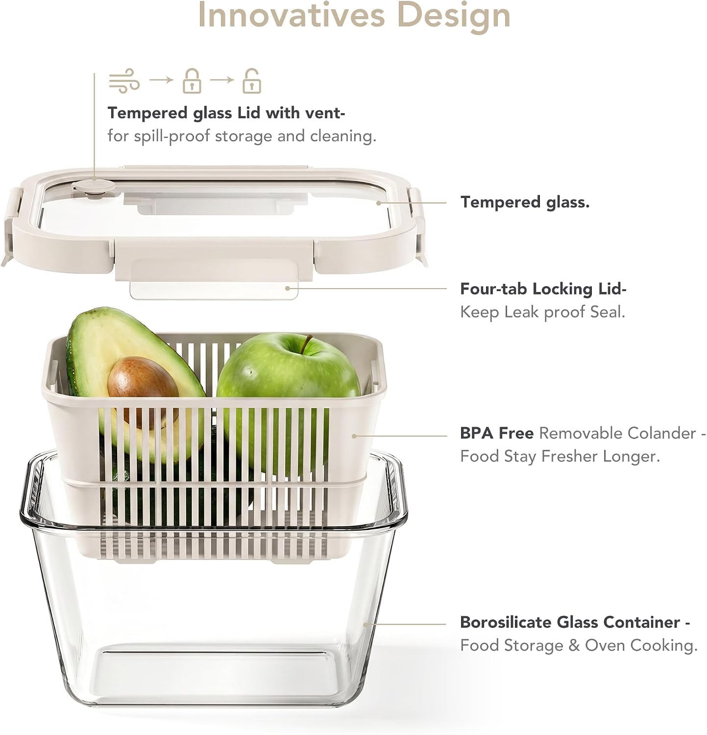 GENICOOK Récipients de conservation en verre pour réfrigérateur, 1050 ml + 1800 ml – Récipients hermétiques pour fruits et légumes avec passoires amovibles, couvercles en verre avec aération