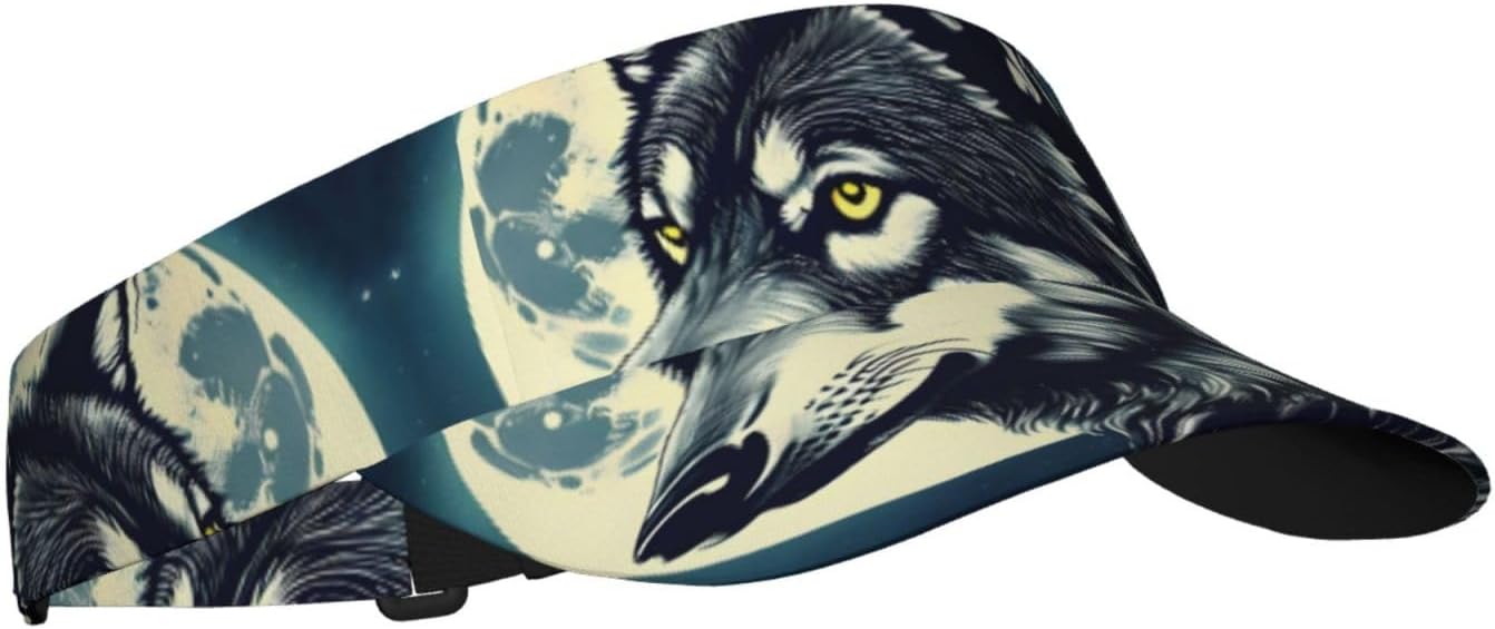 Wolf Night Moon Print Sports Sun Visor Hats Adjustable Running Golf Tennis Sun Cap for Women Men Black