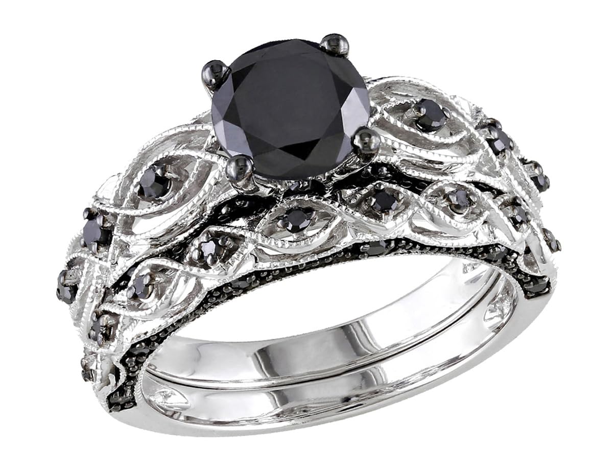 Gem And Harmony Black Diamond Engagement Ring and Wedding Band Set