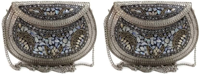 Shakuntala Vintage Bridal Women's Antique Brass Purse Ethnic Handmade Metal Clutch Bag Silver Pack of 2-image-18