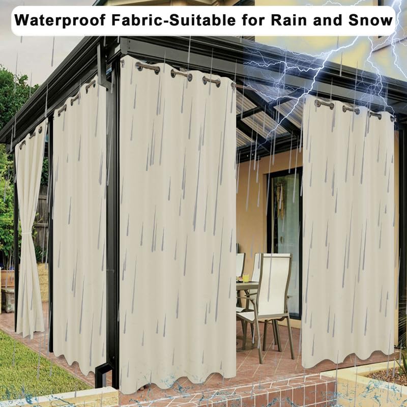 Rideau d’extérieur résistant aux intempéries avec protection solaire et œillets, imperméable et occultant, pour pavillon, balcon, maison de plage, taille personnalisée - 1 pièce, beige, l x H