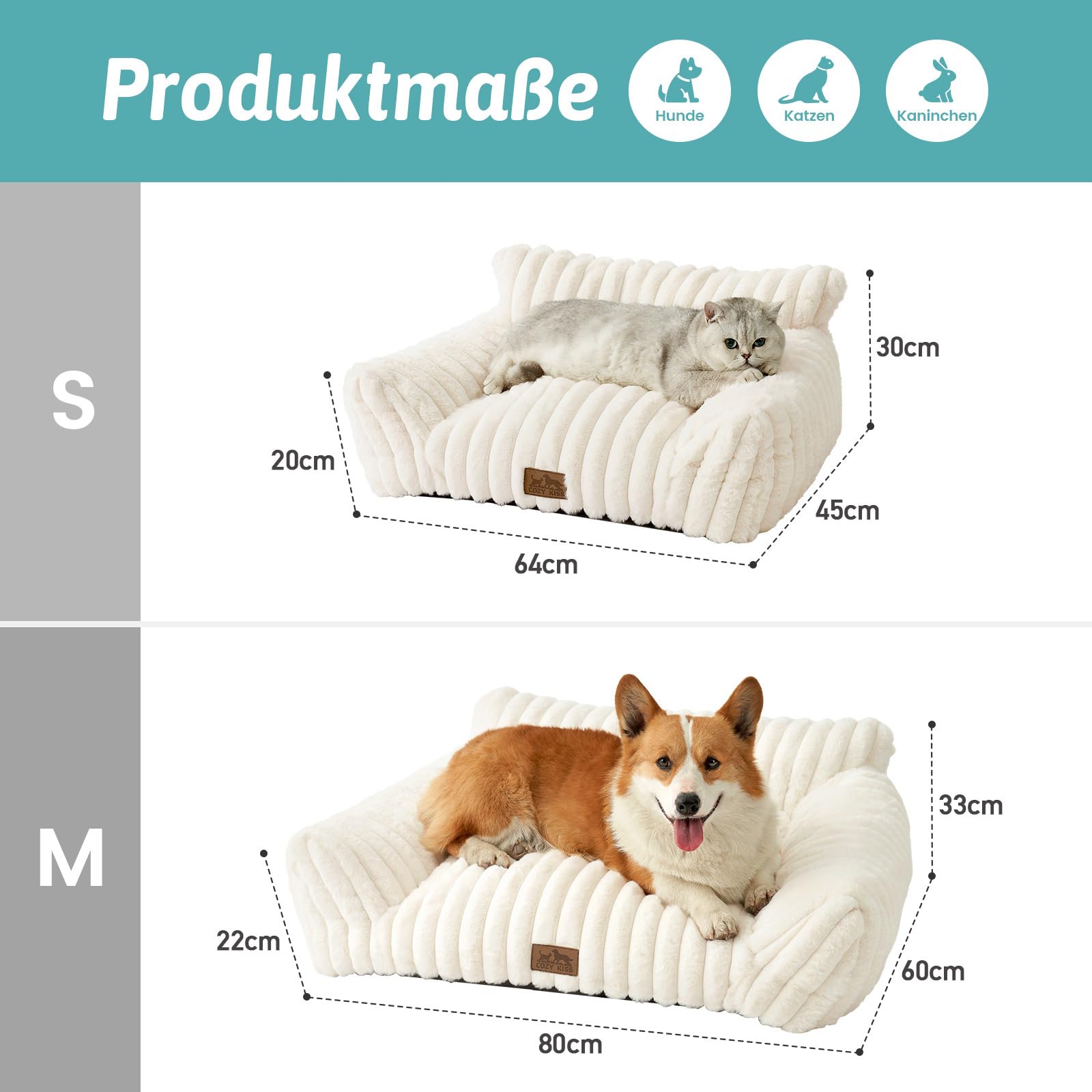 COZY KISS Orthopädisches Großes Katzenbett - 65x44x30cm Cord-Kunstfell Hundebett-Sofa für Kleine Hunde, Waschbar Große Katzen Katzensofa, Kuscheliges Katzencouch mit Kopf- und Nackenstütze, Creme