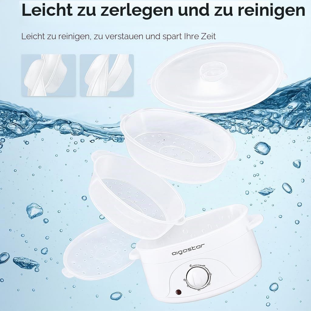 Aigostar Dampfgarer mit Timer 9L, 3-Etagen Stapelkörbe (800W, BPA frei) .EINWEGVERPACKUNG