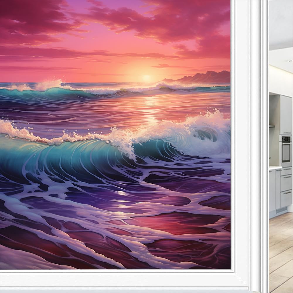 Colourful Ocean Window Privacy Film Beautiful Sunset Natural Waves Stained Glass Window Coverings Static Cling Window Film for Home Office Stores 80 x 120 cm