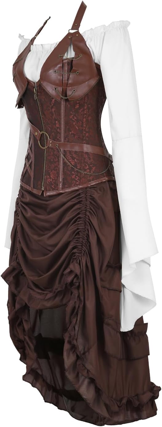 Steampunk Corset Dress 3 Set Outfits for Women Halter Pirate Skirt White Blouse