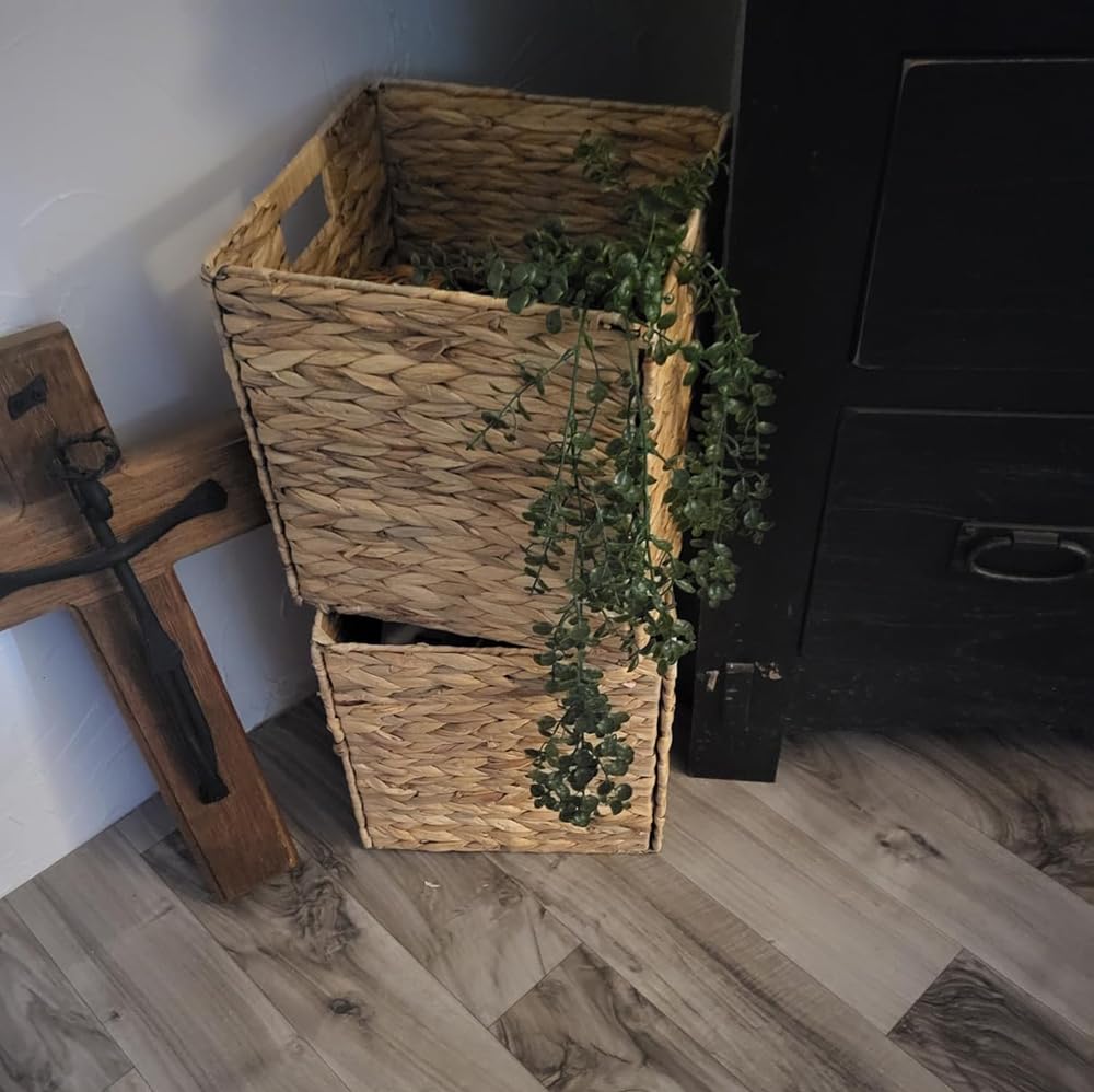 Gewebte Regalkörbe, 26,7 cm, Wasserhyazinthe, handgefertigt, offene Aufbewahrungskörbe, hellbraun, Speisekammerkörbe, Organisationskorb, faltbare Aufbewahrungskörbe für Schlafzimmer, Cubby Cubes