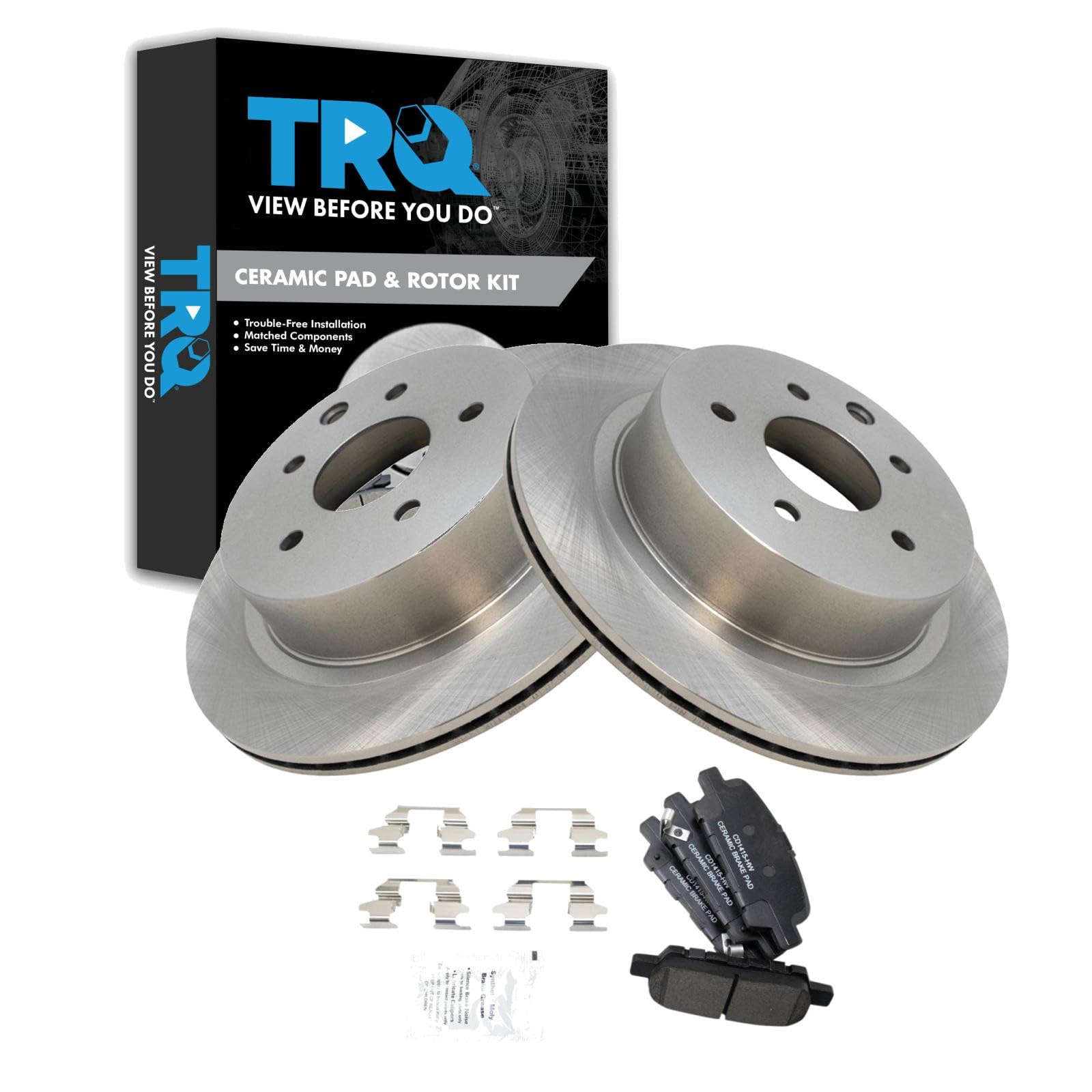 TRQ Rear Brake Pad and Rotor Set Ceramic Compatible with 2003-2005 Infiniti G35 350Z 2011-2017 Leaf 2014-2017 Juke Rogue