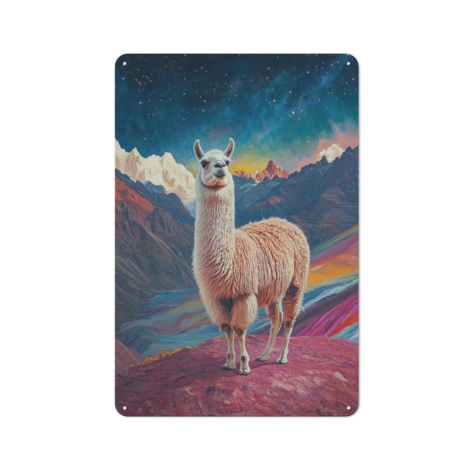 Junmoney Style-4 Llama In Mountain Landscape Rustic Metal Plaque 30X20cm For Living Room Wall, Suited To Home Wall Decor Collectors