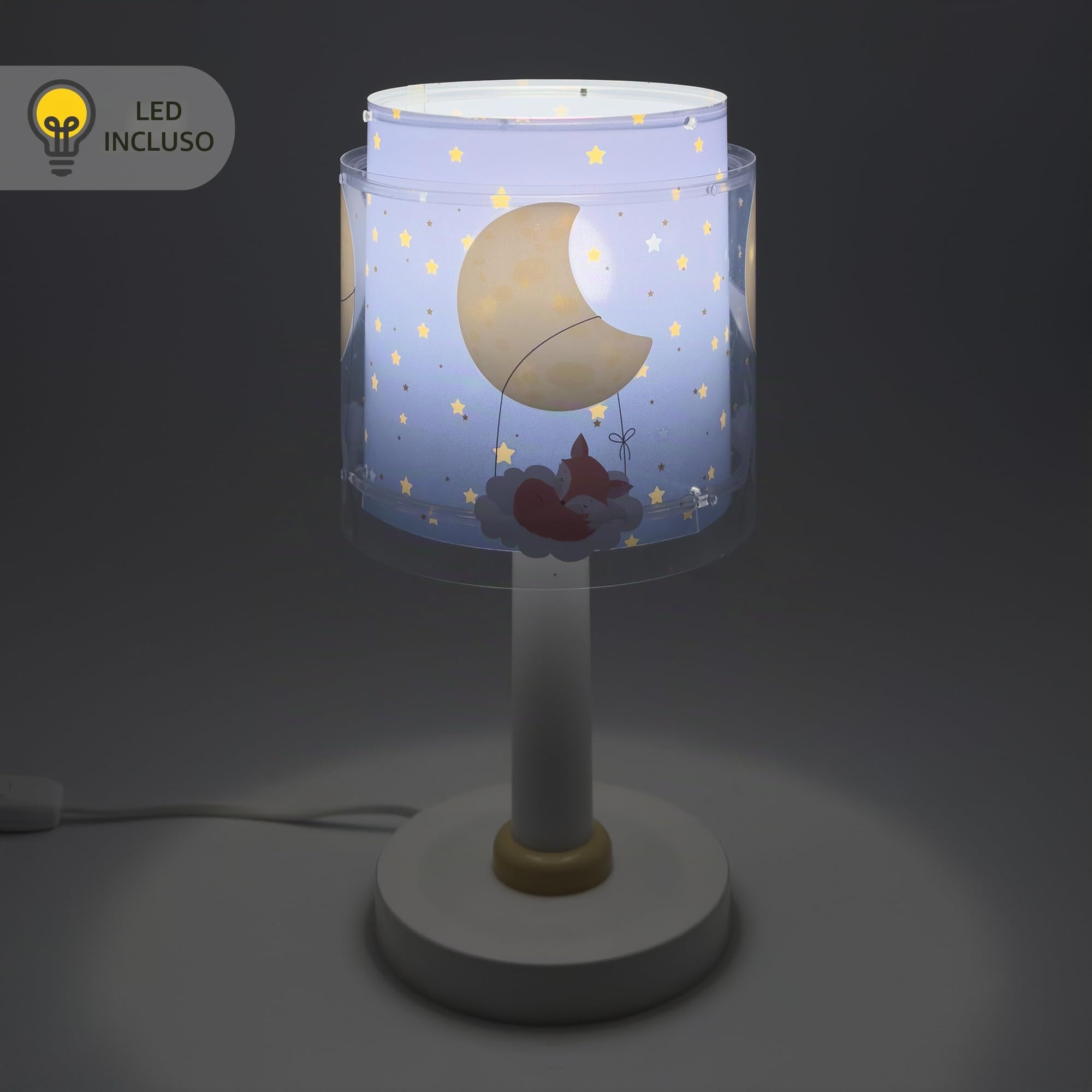 Dalber Lampada da tavolo per bambini, luce da comodino e da notte Moon Dreams animali luna nuvole stelle blu, 76631, G4-4W LED - Lampadina inclusa