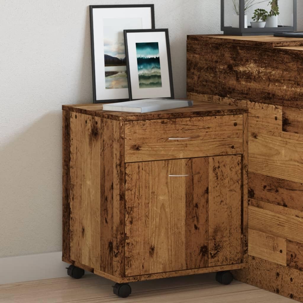 Cassettiera con rotelle, effetto legno anticato, 45 x 38 x 54 cm, con cassetto, vano portaoggetti e armadietto, ideale come armadietto per documenti, ufficio, soggiorno, camera da letto
