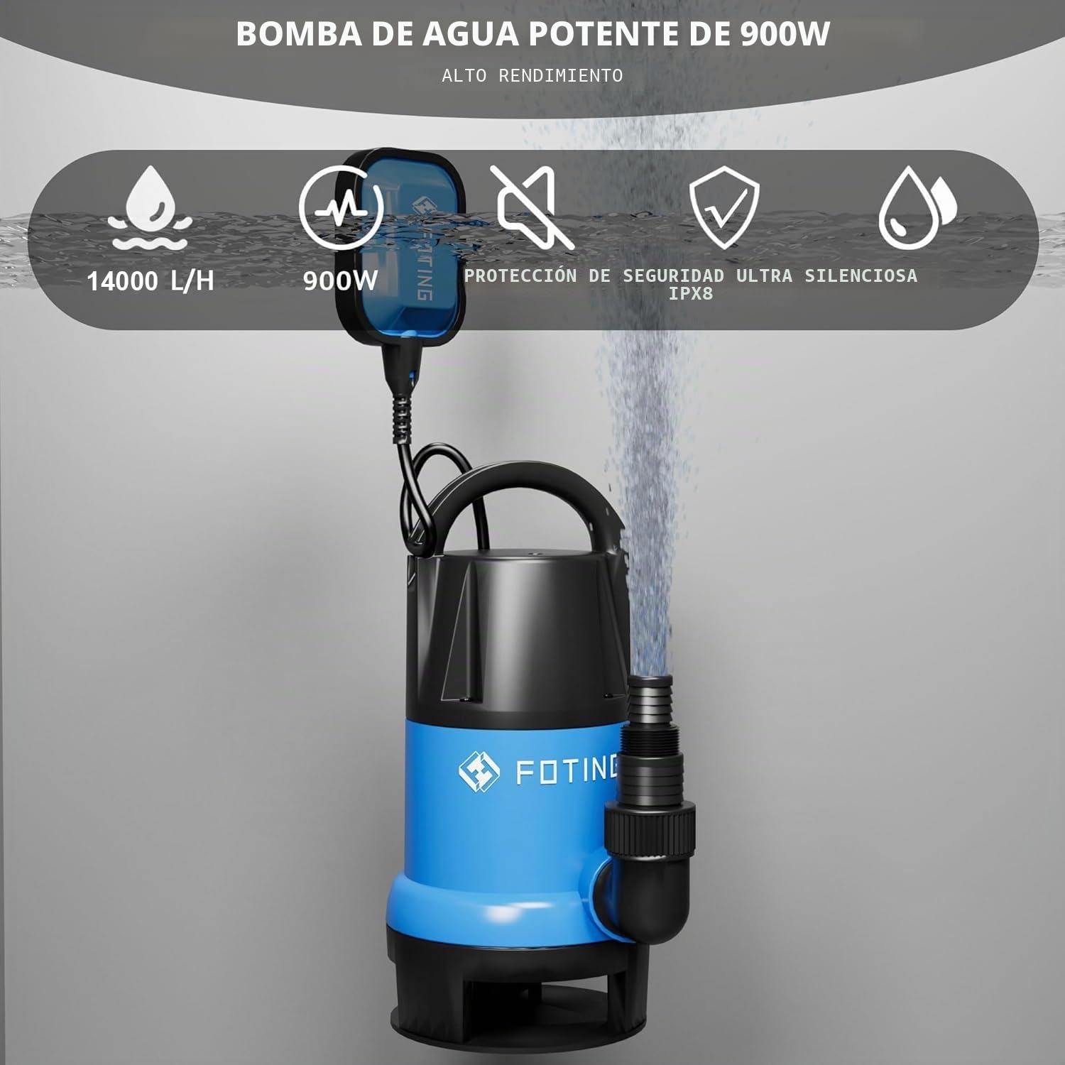 FOTING Bomba de aguas sucias 900W, capacidad de 14.000 l/h, Altura máxima de suministro 8,5 m, inmersión máx. 7 m, interruptor de flotador, cuerpos extraños hasta 35 mm, para drenaje rápido en casa