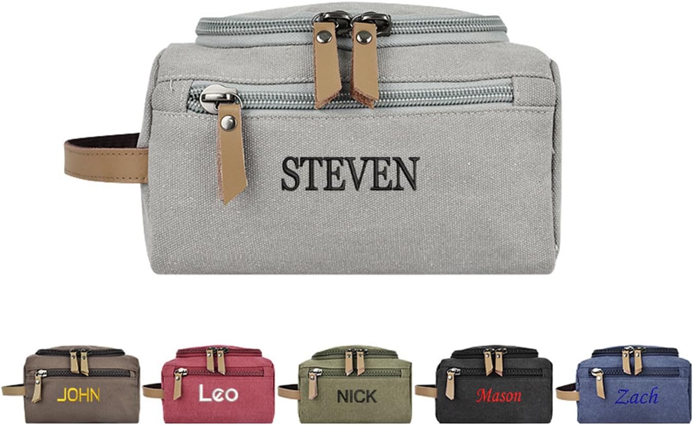 joyinaff Personalized Embroidered Canvas Large Toiletry Bag for Men – Hanging Travel Organizer with Multiple Pockets, Brown, Navy, Burgundy, Light Grey, Dark Blue, Modern and
