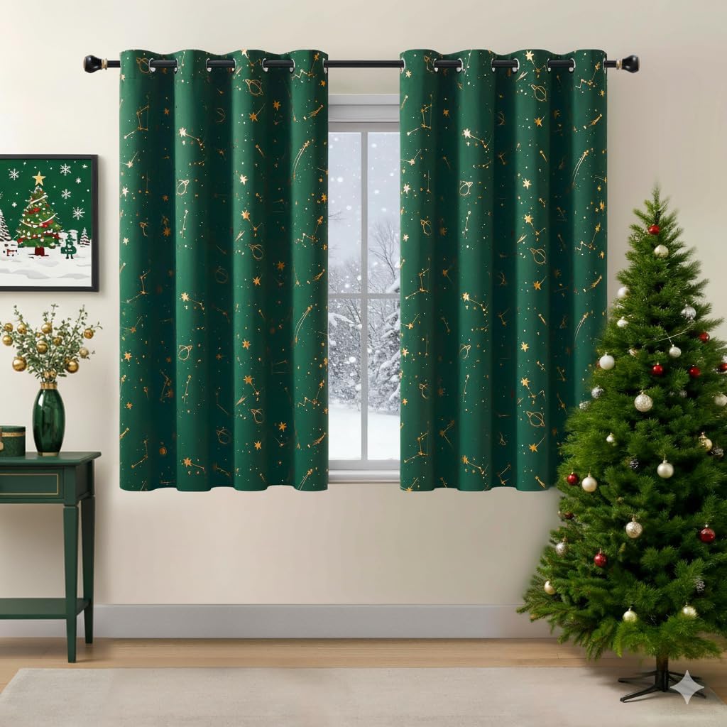 Christmas Green Full Blackout Curtains with Stellar Metallic Print/Out Space/Galaxy for Kids Thermal Insulation,Noise Reducing Window Treatment Drape with Grommet Bedroom&Nursery Room 52"x63"x2 52"W x 63"L (Pack of 2) Green