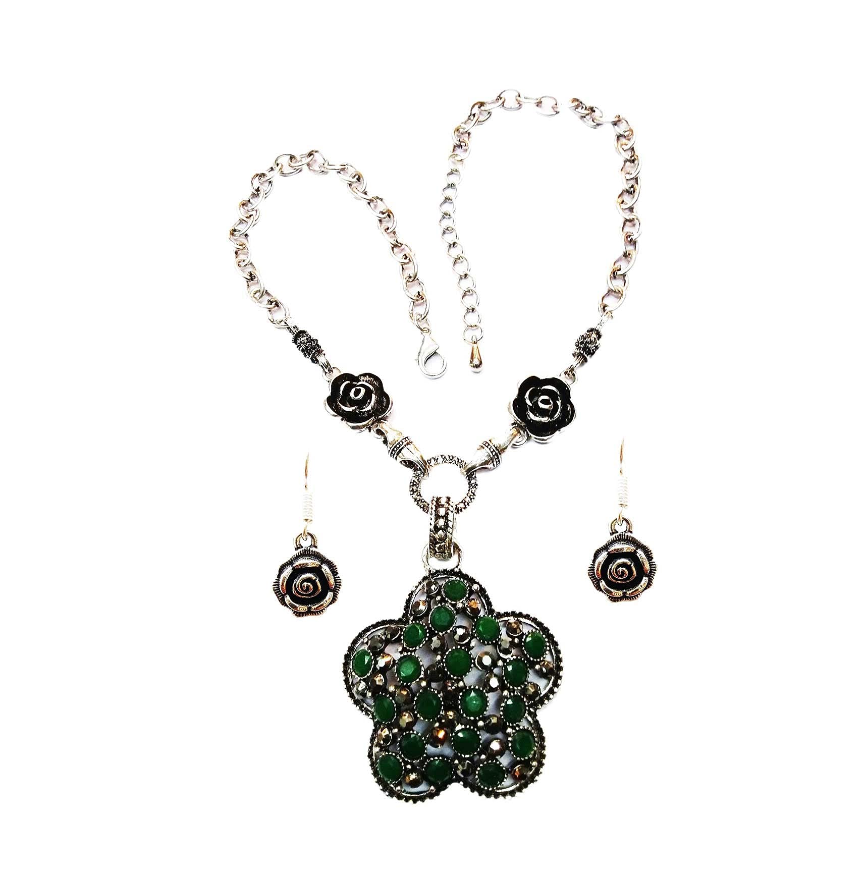 truevaluevinayak princess antique oxidize necklace set collections (Marcasite green onyx)