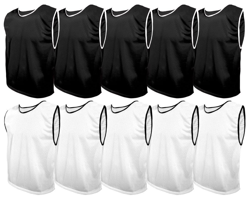 SPORTSBIBS Training Bibs Pack of 10 Football Vests Sports Practice Pinnies Soccer Rugby (5x Black + 5x White, M 155-169cm (Juniors))
