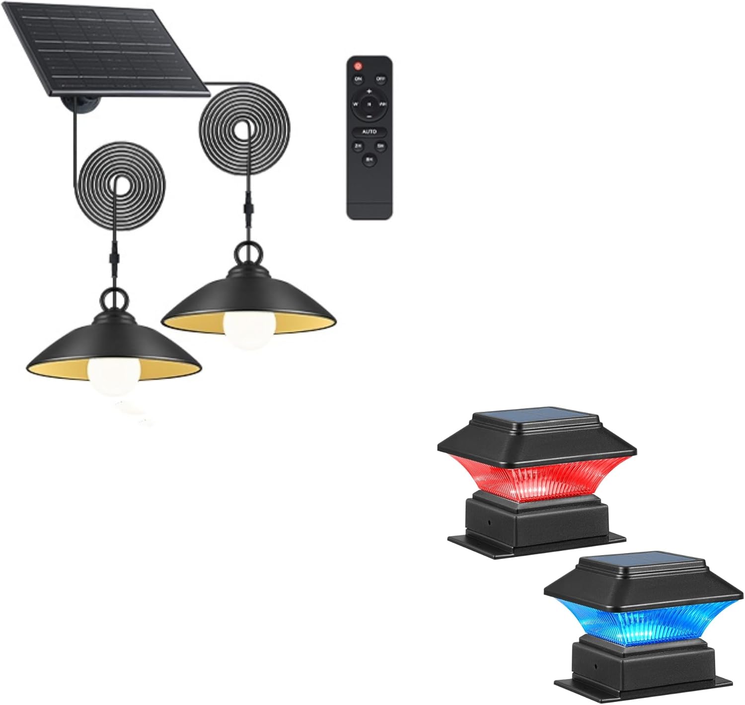8 inch Solar Pendant Lights Outdoor (2 Pack, Black) and RGBW Solar Fence Lights(2 Pack, Black