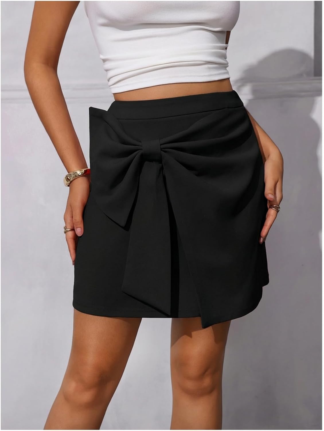 SweatyRocks Women's Bow Front Mini Skirts High Waist Wrap A Line Asymmetrical Short Skirt - Image 3