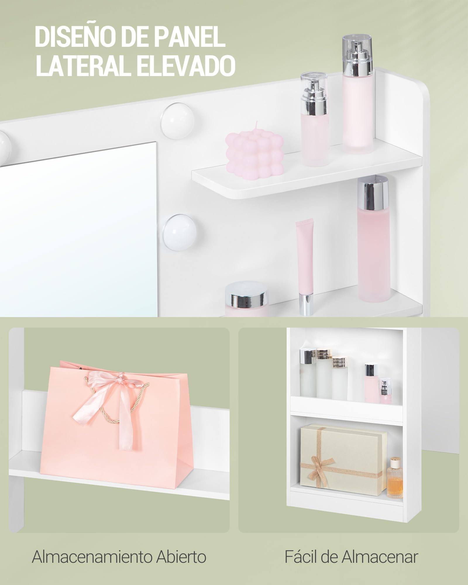 Hzuaneri 108 cm Tocador con Espejo HD Grande, tocador de Maquillaje con luz LED, 6 Compartimentos Abiertos, 5 cajones y Espacio de Almacenamiento Lateral, Blanco DT42603XEU