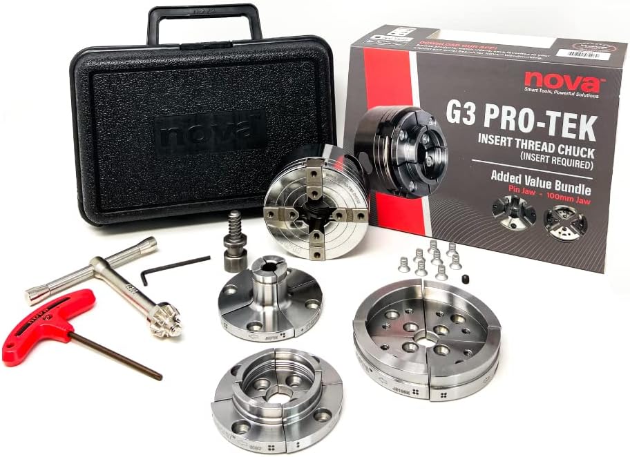 Nova Pro-Tek 48296 G3 Wood Lathe Chuck Kit with 3 jaw sets (2″ Standard, 4″ Bowl Jaws, and 1″ Pin Jaws) insert version, with adapter insert (Separate Adapter Insert Purchase Required) Nova Pro-Tek 48296 G3 Wood Lathe Chuck Kit with 3 jaw sets (2″ Standard, 4″ Bowl Jaws, and 1″ Pin Jaws) insert version, with adapter insert (Separate Adapter Insert Purchase Required)