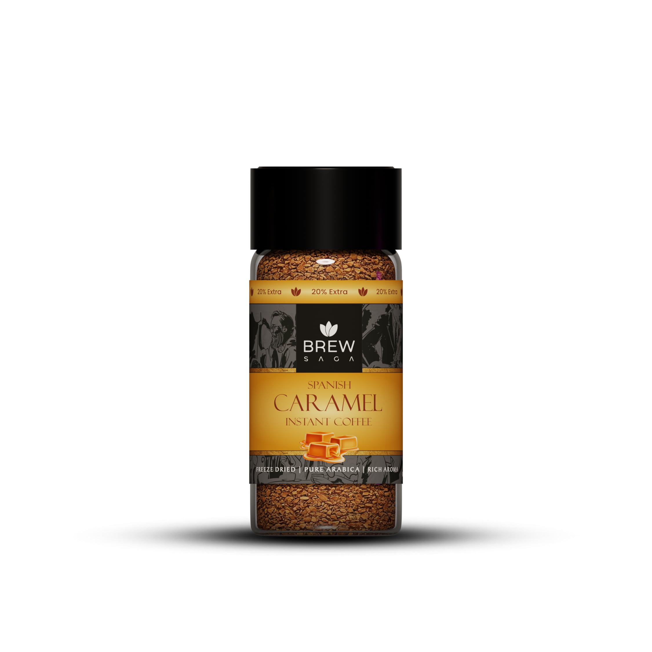 BREWSAGA Spanish Caramel Instant Coffee | 100% Arabica | Freeze-Dried | Flavoured Coffee | No Added Sugar | Flavored Coffee Powder for Both Hot & Cold Coffee | Makes 30 Cups | 50 grams