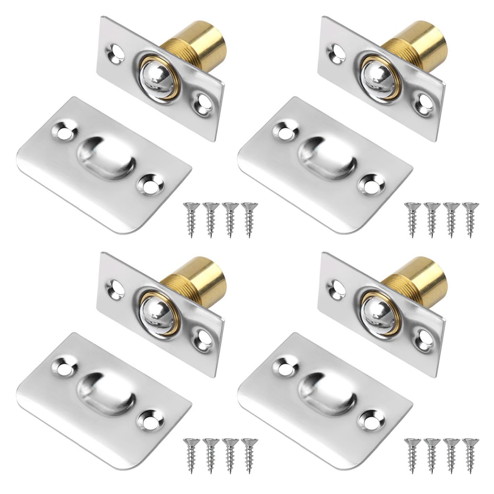 4 Sets Ball Door Catches for Internal Doors, Invisible Ball Door Catch Set, Adjustable Brass Ball Latches for Internal Doors Cupboard Closet & Drawer Spring-Loaded Invisible Door Lock with Faceplates