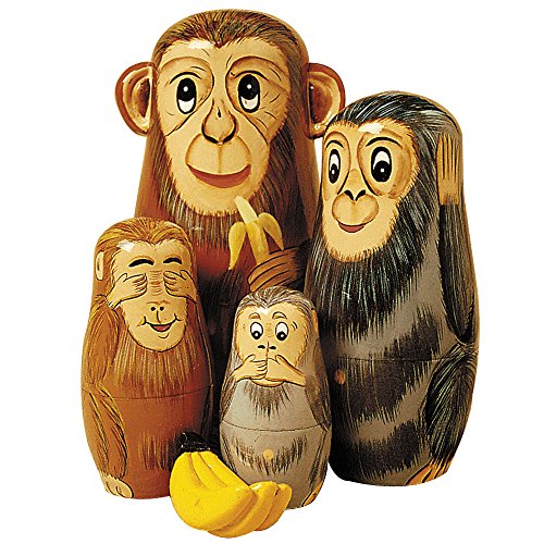 Bits and Pieces - Nesting Monkeys - Hand Painted Wooden Nesting Dolls - Matryoshka - Set of 5 Dolls from 6' Tall