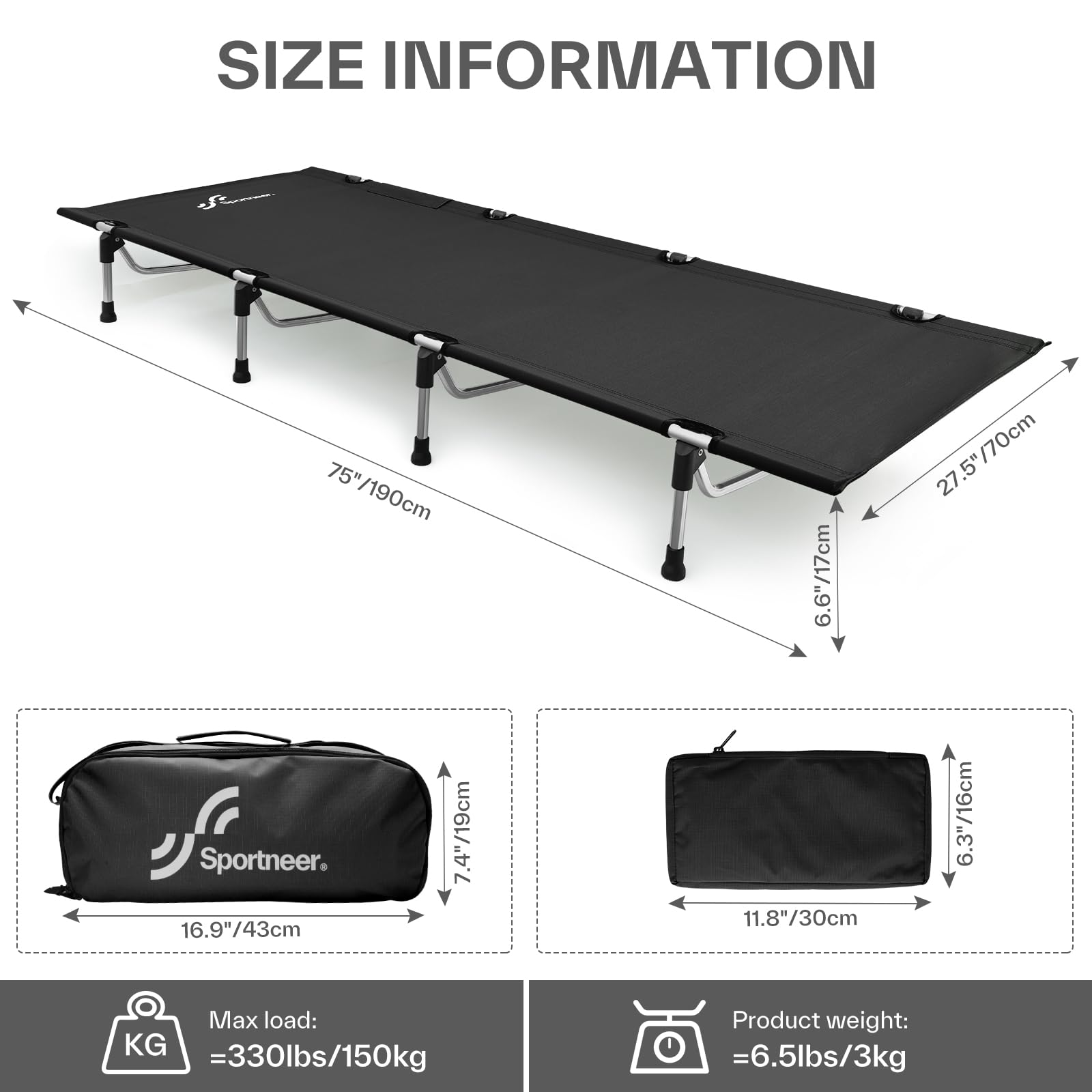 Sportneer Ultralight Camping Cot, Portable Folding Camping Cot with Lever Lock for Adult Tent Outdoor Travel Base Camp Hiking Mountaineering Backpacking (Black)