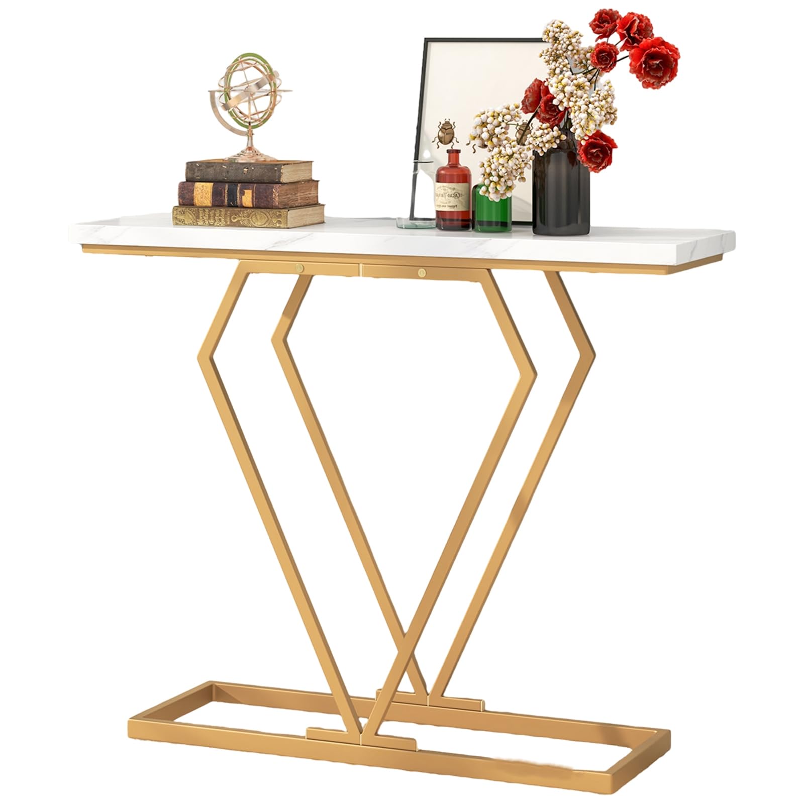 LIFEZEAL Table Console Plateau en Faux Marbre avec Cadre en Métal