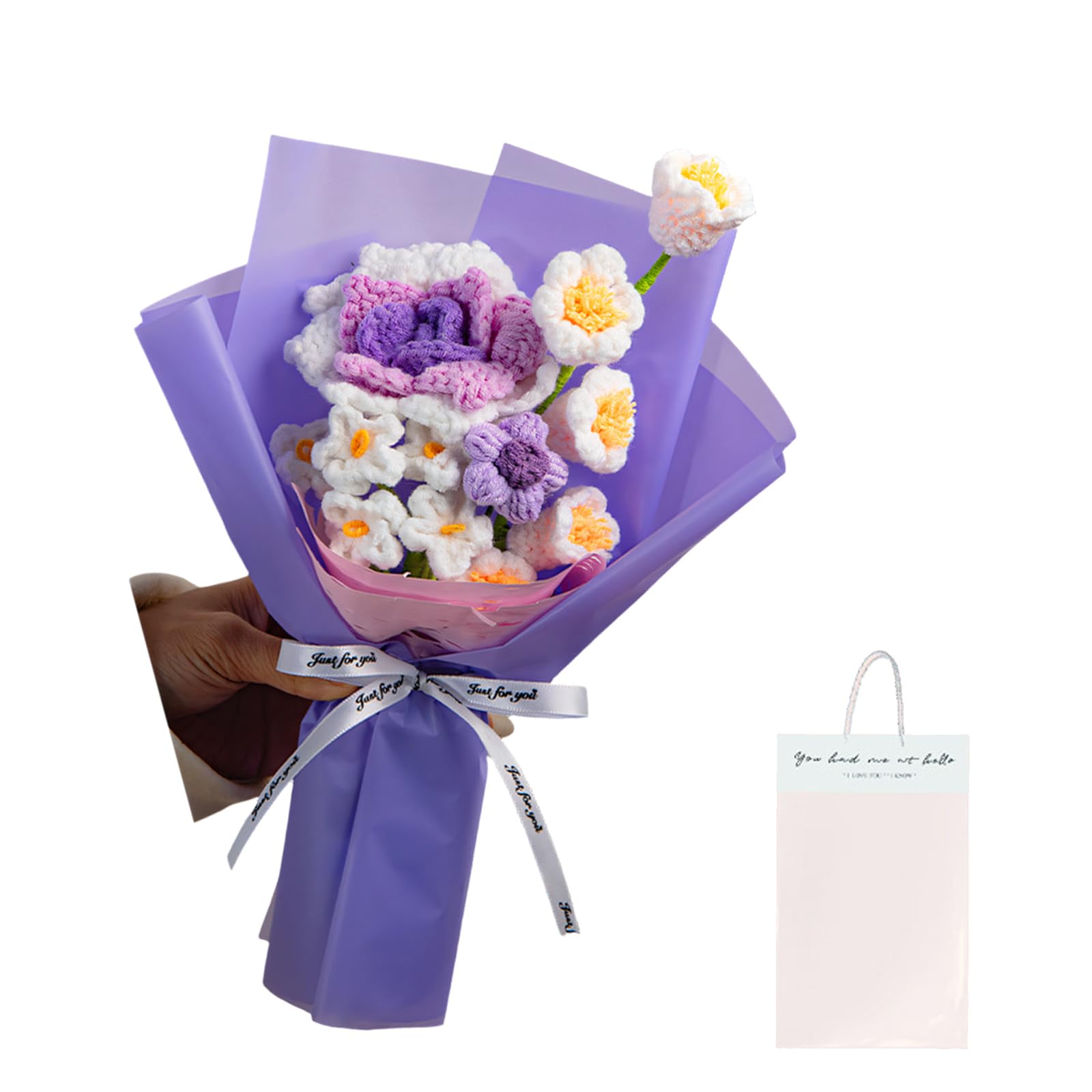 ZEPFJHE Fascinating Knitted Flower Bouquets with Roses Lilies of the Valley and Myosotises Creative Graduation Gift Knitted Flower Bouquets