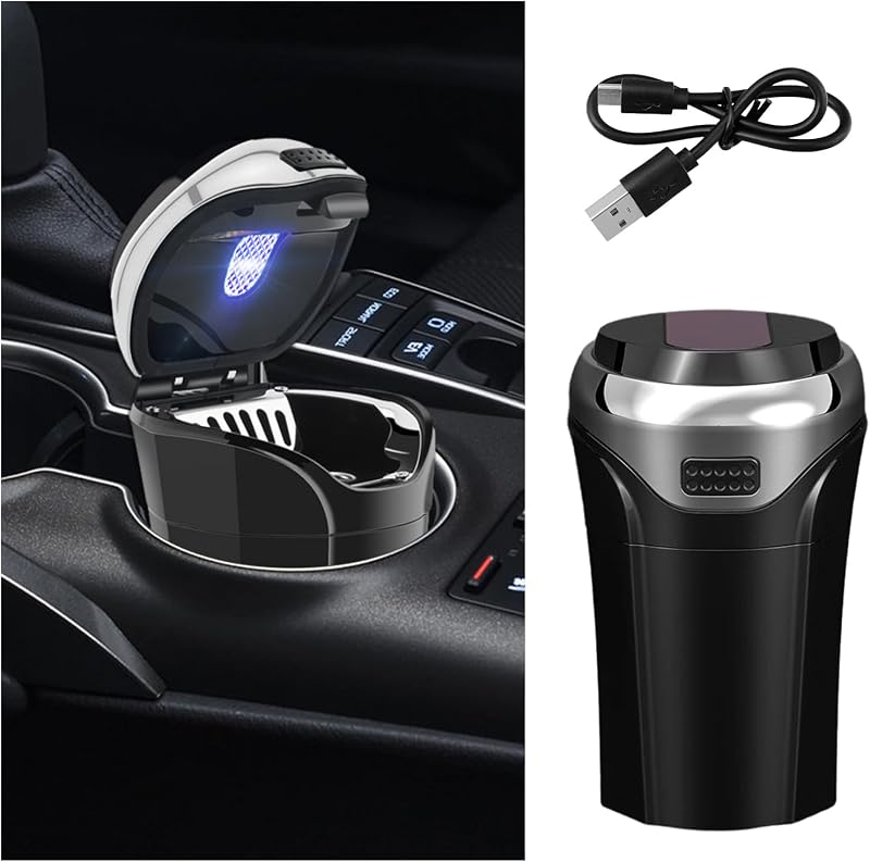 Cenicero de auto con tapa, encendedor de cigarrillos automático recargable por USB desmontable con luz LED azul, bandeja de ceniza portátil de acero inoxidable a prueba de olores, mini bote de basura automotriz (plata)