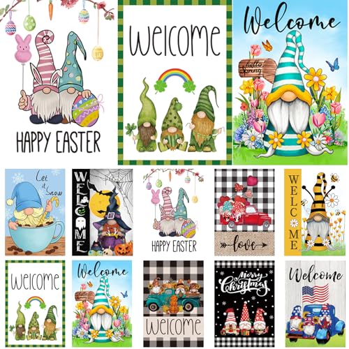 Set of 10 Gnome Seasonal Garden Flags,Double Sided 12 x