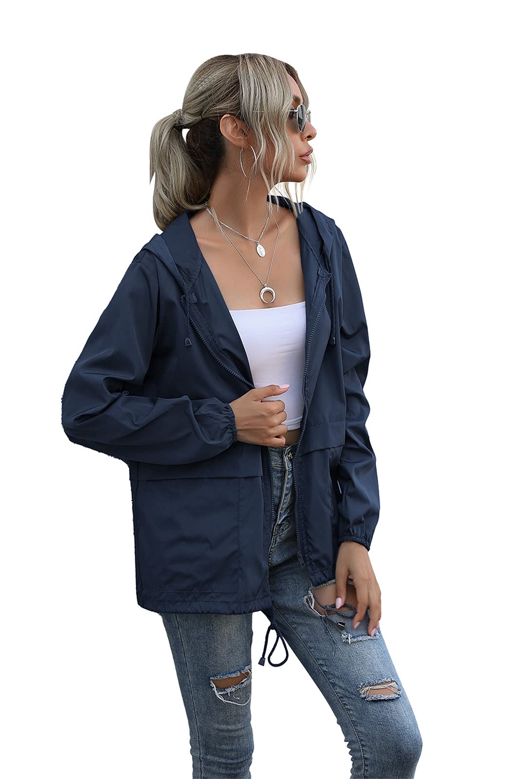 SotRong Veste imperméable légère et pliable pour femme - Coupe-vent - Fermeture éclair - Avec capuche - Séchage rapide - Imperméable