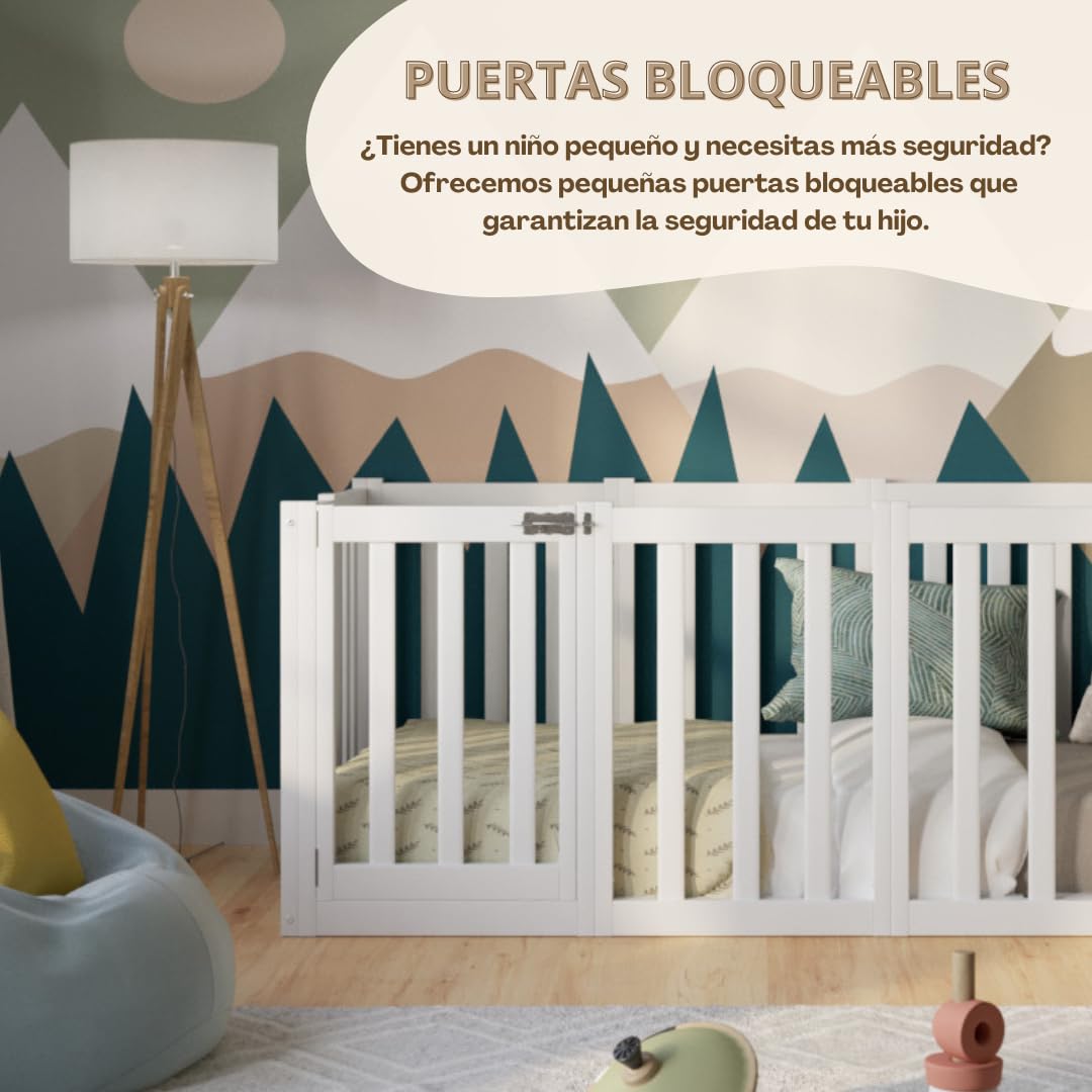 Cama Montessori 190x90 cm - Cama Infantil con Protección contra Caídas 73cm y Barrera Abrible - Camas Infantiles Superficie Lisa niños y niñas - Blanco