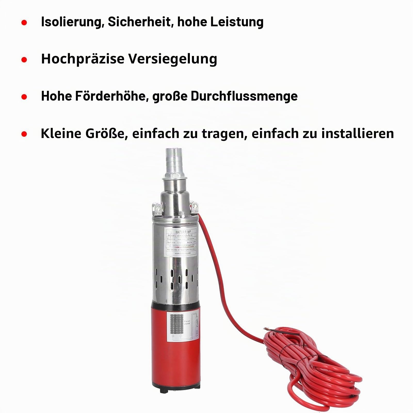 DC12V 8A Solare Schrauben-Tiefbrunnen-Tauchpumpe mit Hochförderhöhe für Fischerboote, Fischteiche und landwirtschaftliche Bewässerung