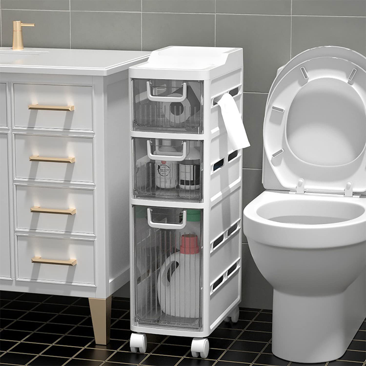 Kleine Badezimmer-Aufbewahrung für halbes Badezimmer, kleine Badezimmer- Aufbewahrung für kleine Räume, kleines Regal für Schlafzimmer, schmaler Toilettenpapierschrank für Toilette, 3 Etagen, 16 cm Küche, Haushalt & Wohnen