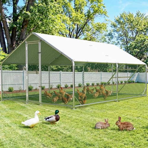 Large Chicken Coop,Metal Chicken Run for Yard with Feeding Door, 13x10x6.6FT Walk-in Chicken Pen for 10-20 Chickens,Outdoor Poultry Cage with Anti-UV Cover,Rabbit Duck House
