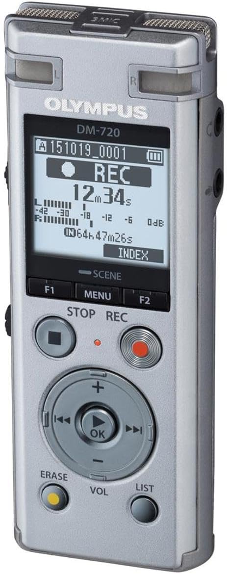 OM SYSTEM Olympus DM-720 Voice Recorder: TRESMIC 3-Mic System, 4GB Storage, Transcription Mode, USB Charging, Silver