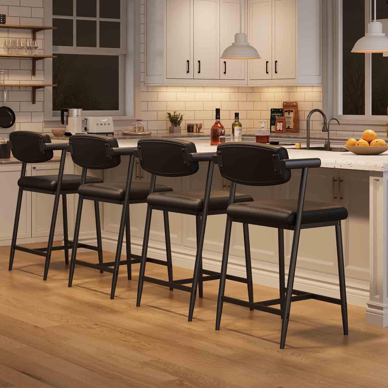 Photo 1 of GarveeHome Counter Height Bar Stools of 4 with Armrests, 4 Piece Counter Height Bar Stools Set with Wood Back, Upholstered Seat & Metal Footrest for Kitchen Islands, Counter Bars, Retro Black