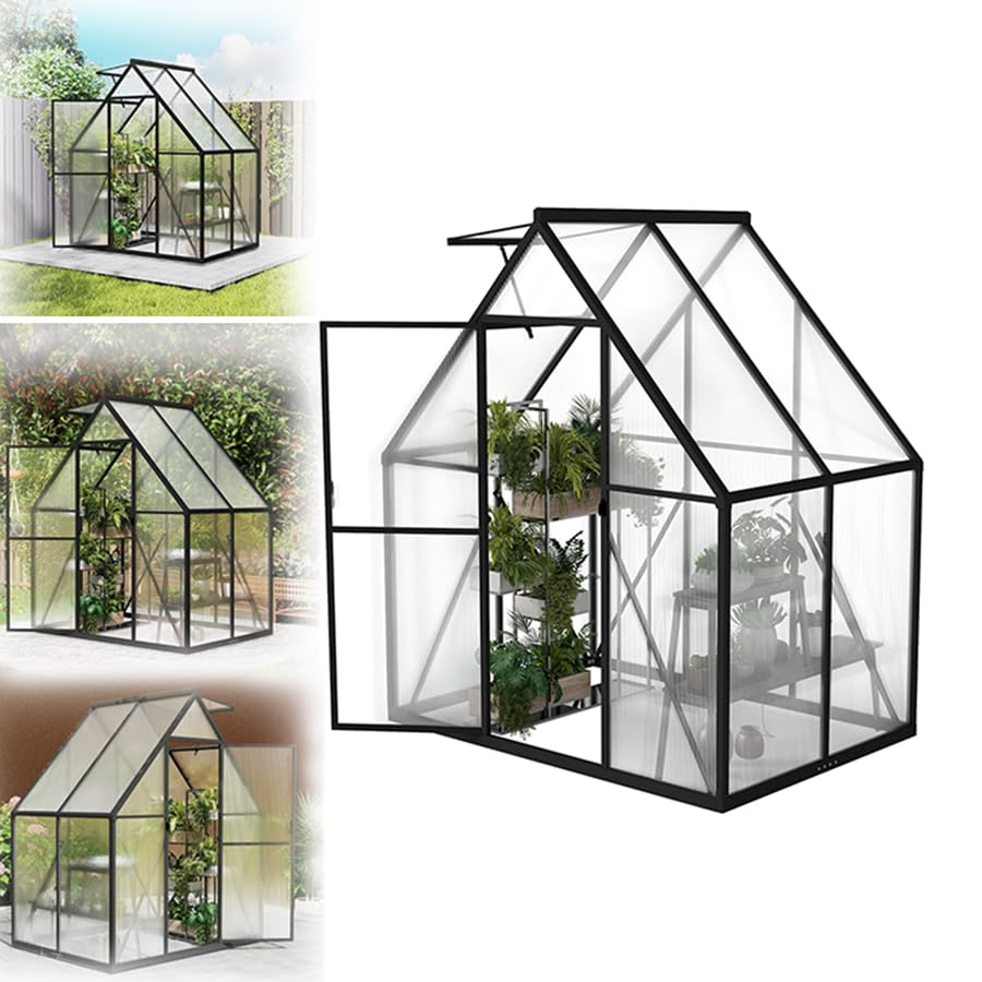 VA-Cerulean Gewächshaus mit Fundament 125x180x195 cm Tomatenhaus Treibhaus Gartengewächshaus Aluminium mit Schiebetür und Dachfenster - Stabil, Winterfest, UV-beständig