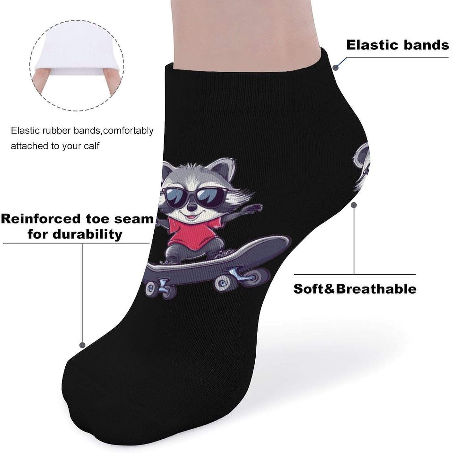 Raccoon Cool Skateboard 5 Pairs Ankle Socks Athletic Low Cut No Show Short Socks for Men Women