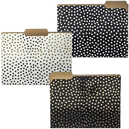 Graphique Designer Black, White, and Gold Polka Dots File Folders | Set of 9 (3 Designs) | Letter Size Organizers | Decorative Office Supplies | Durable Coated Cardstock | 1/3-Cut Tabs