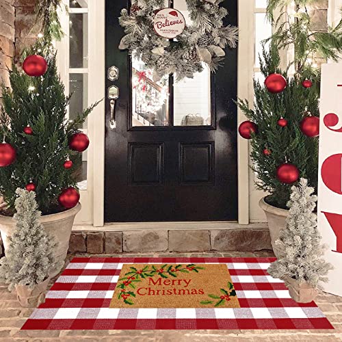 Red And White Plaid Rug, Christmas Outdoor Front Door Decor Mat, Cotton Washable Hand-Woven Rug For Layered Doormat, New Year Christmas Carpet For Porch, Entryway (Red & White Plaid, 60" L X 36" W) #TOP1