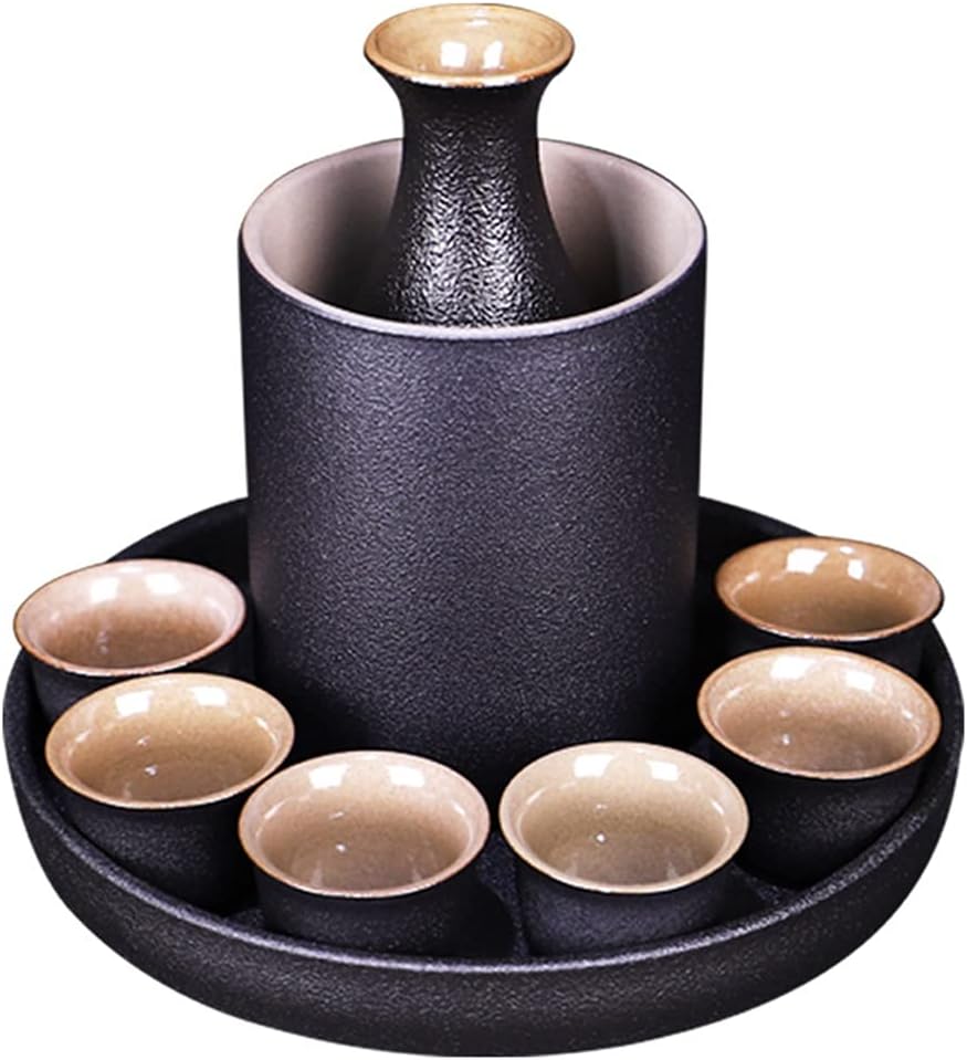 Ceramic Sake Pot Cup Set Black Pottery Liquor Flask Wine Bottle Cups Tray Set(D)