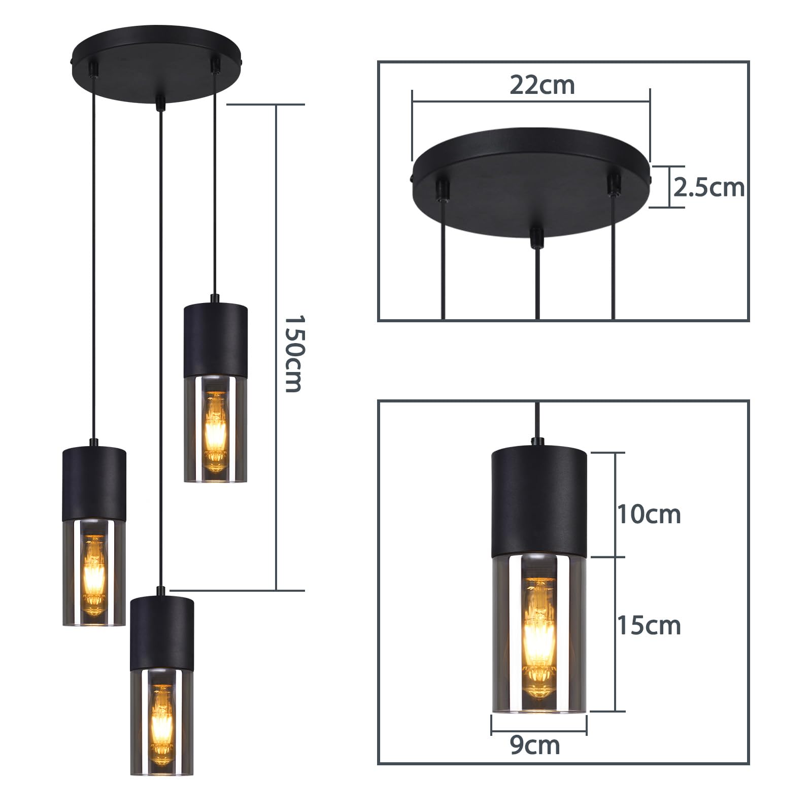 Pendelleuchte Esstisch Hängeleuchte Schwarz - Hängelampe 3 Flammig Glas Rund LED Esstischlampen E27 Vintage Lampenschirm Leuchte für Esszimmer Schlafzimmer Treppe