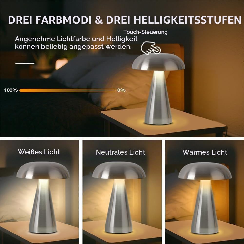 Pilz Tischlampe Kabellos Akku Pilzlampe USB Aufladbar Batterie Pilz Lampe Dimmbar mit Touch Control Tischleuchte Innen und Außen Flowerpot Lampe für Schlafzimmer Kinderzimmer Camping,Silber