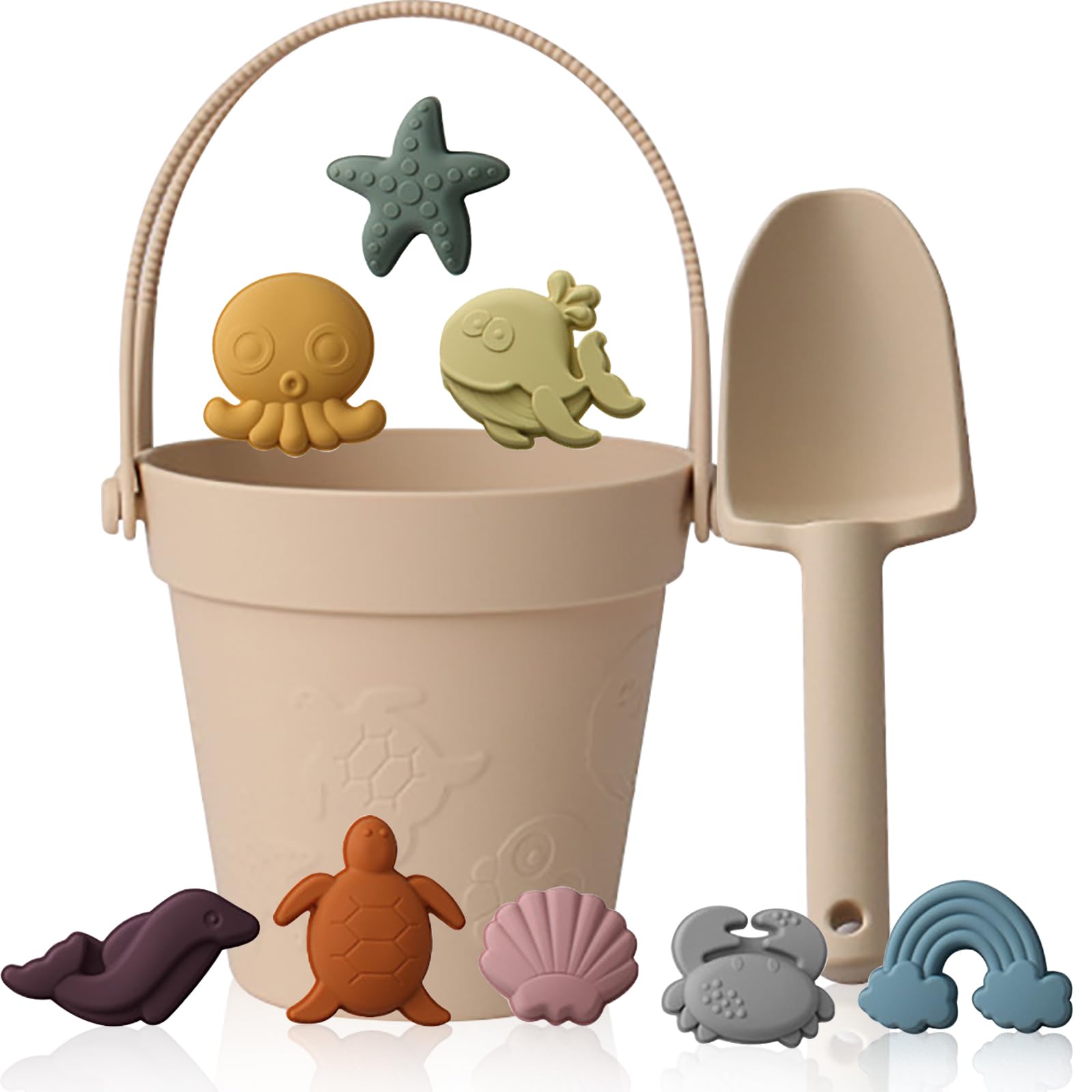 RoseFlower Silicone Sand Toys Set for Kids, Portable Travel Beach Sand Toys with Collapsible Bucket, Shovel, 8 Molds Dolphins, starfish, turtles & Mesh Storage Bag for Kids, Summer Gift-Beige